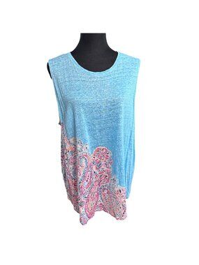 J. Jill Tank Size XL Blue Paisly Shirt 100% Linen Summer Love Linen Women